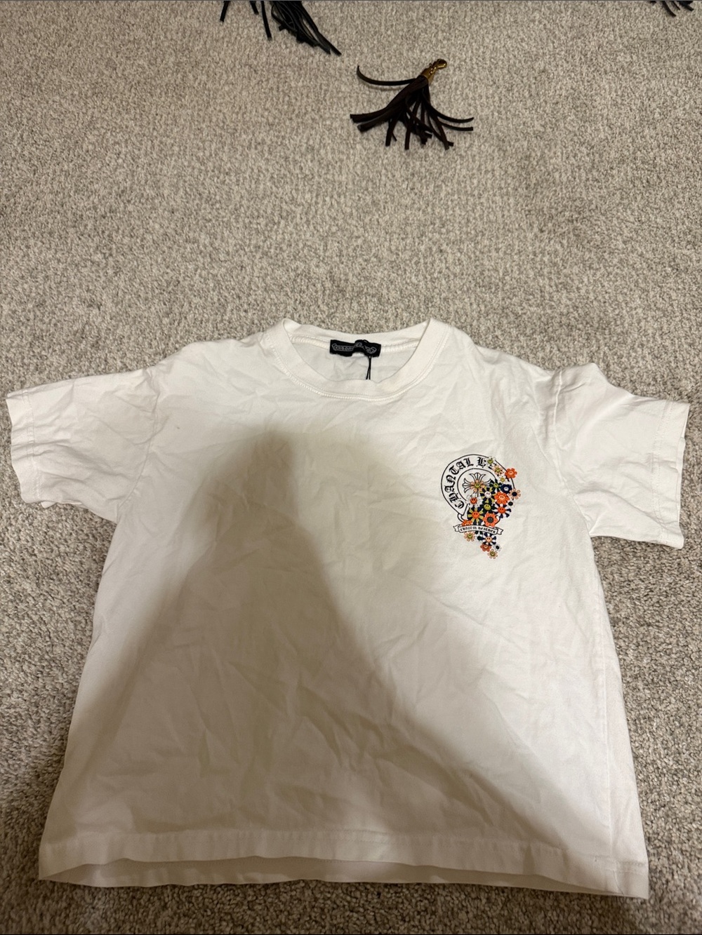 Chrome Hearts White Crop Tee with Orange & Black Floral Motif